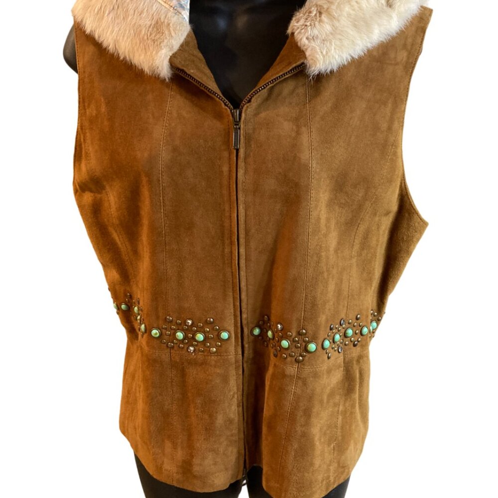 Tasha Polizzi Leather Suede Vest Fur Trim Western Boho - Large